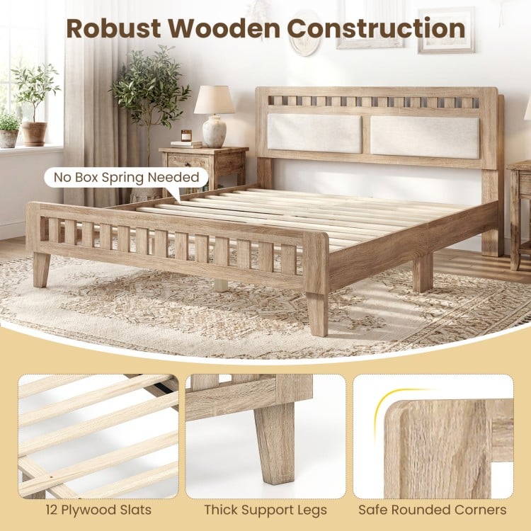 Queen wood bed frame with upholstered headboard, robust wooden construction, and safe rounded corners for comfort.