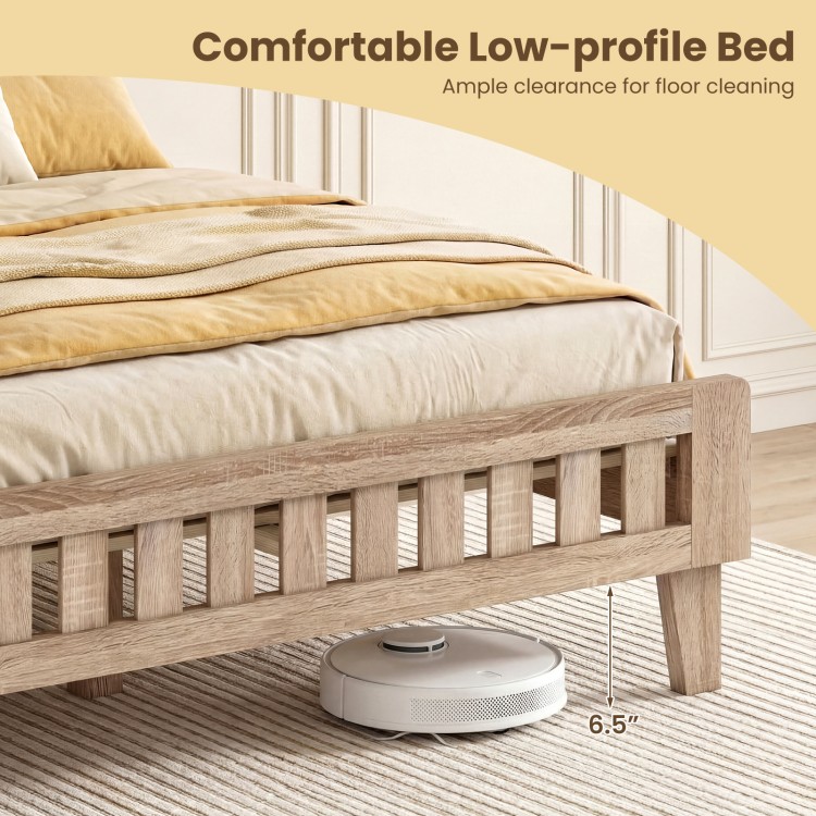 Queen wood bed frame with upholstered headboard, featuring a low-profile design for easy floor cleaning and robust.