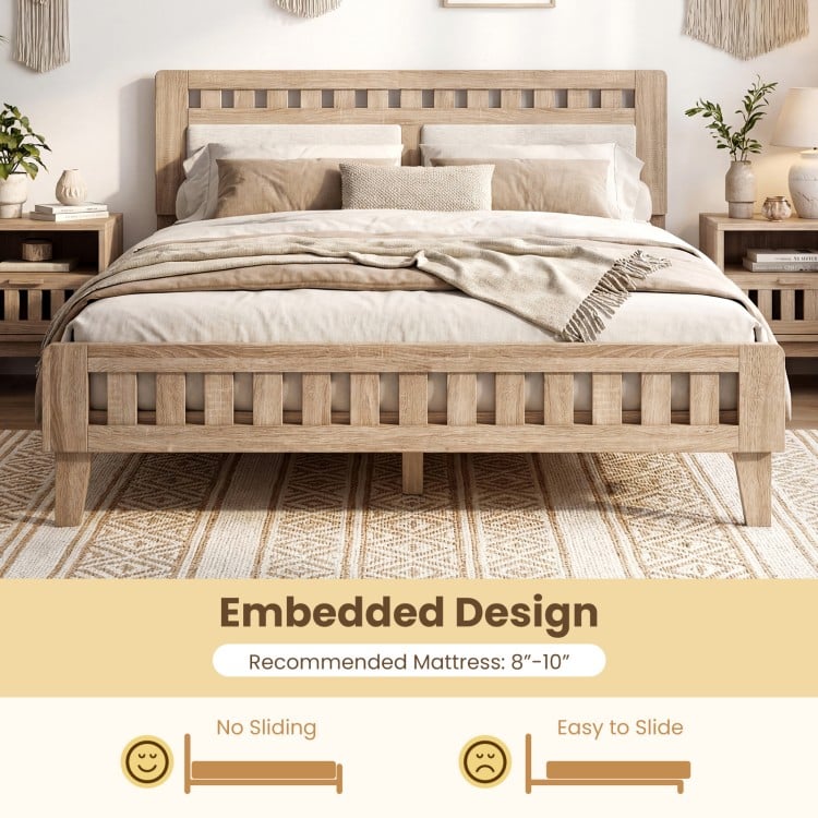 Queen wood bed frame with upholstered headboard, featuring embedded design for mattress stability and robust wooden.