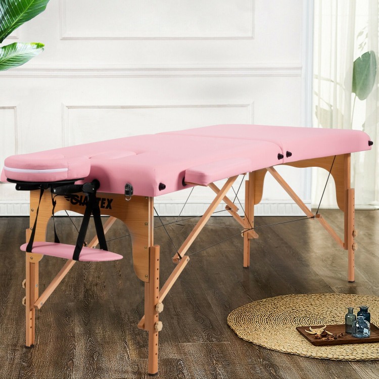 Foldable pink facial spa bed with adjustable height, high-density sponge, and portable design for easy transport.