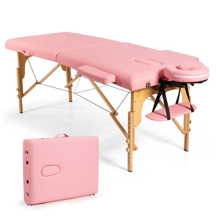 Foldable pink facial spa bed with adjustable height, headrest, and armrests, ideal for massage and beauty treatments.