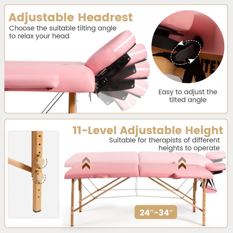 Foldable portable facial spa bed with adjustable headrest and height, designed for comfort and easy transport.