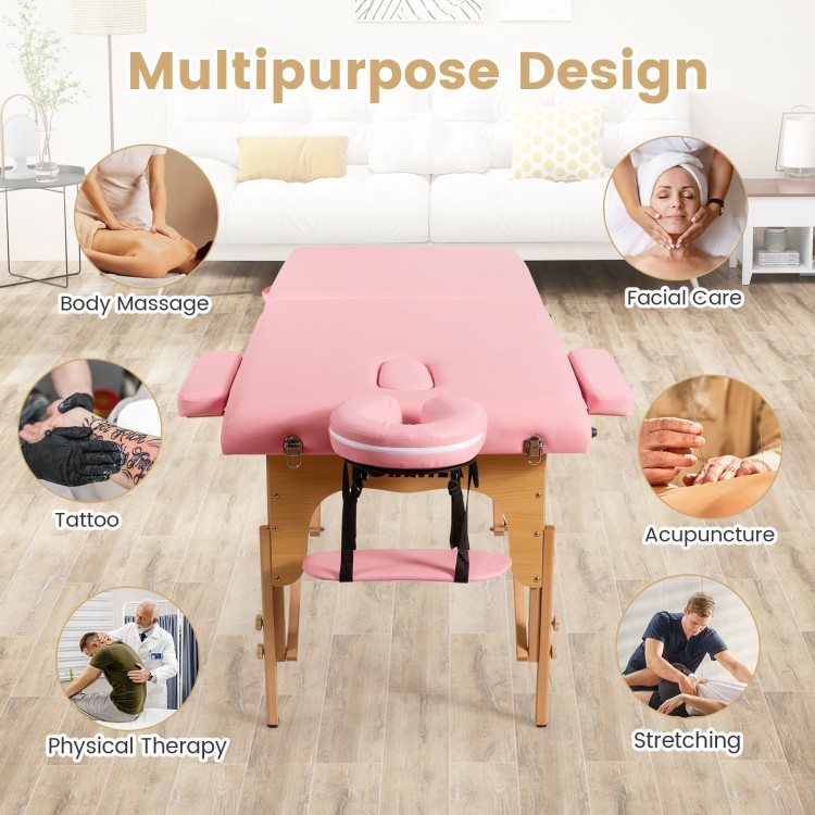 Foldable pink facial spa bed with adjustable height, suitable for massage, tattoo, and physical therapy sessions.