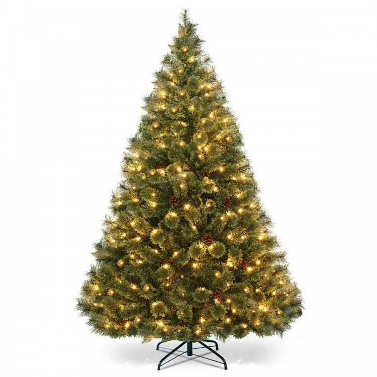 6 ft pre-lit Carolina pine tree with 484 branch tips and 49 pinecones, designed for easy assembly and stability.