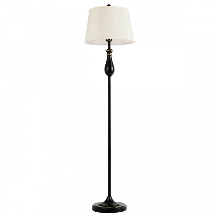 Black floor lamp with white fabric shade, part of a 3-piece brushed nickel lamp set, ideal for modern or rustic decor.
