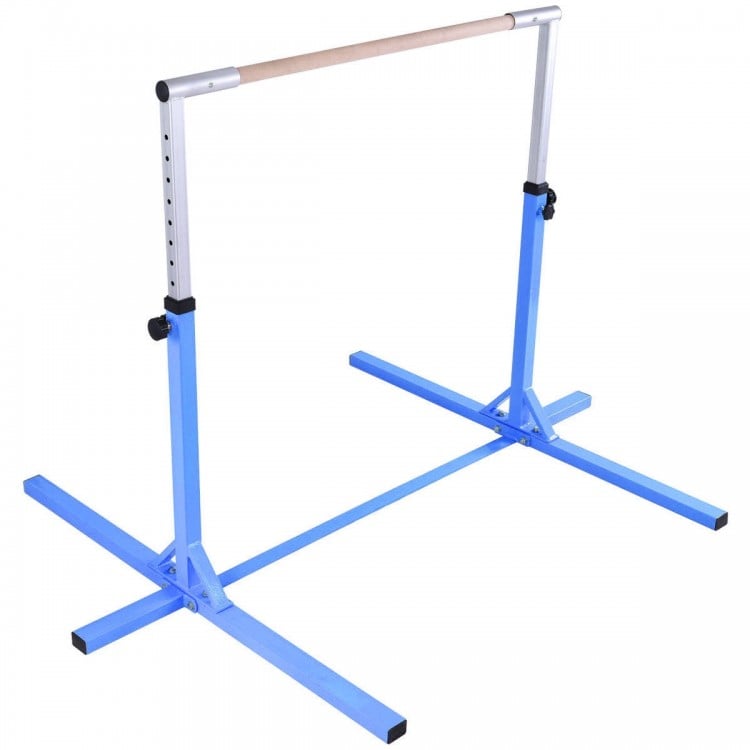 Adjustable blue gymnastics horizontal bar for kids, height from 36" to 59", supports up to 225 lbs, ideal for home.
