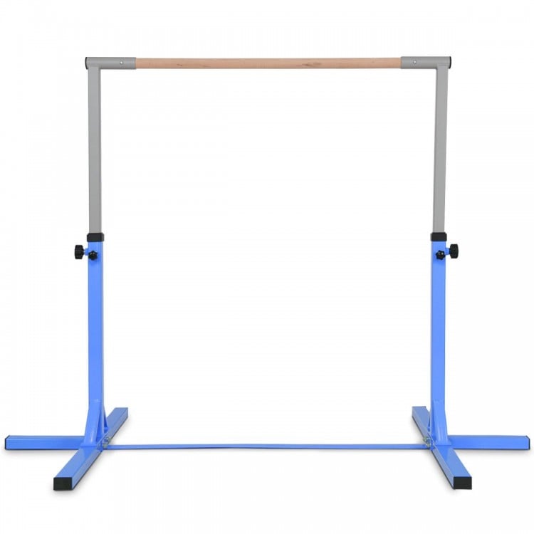 Adjustable blue gymnastics horizontal bar for kids, height 36"-59", sturdy steel construction for home training.
