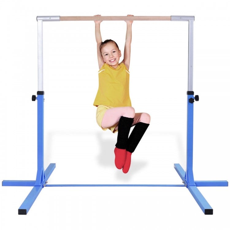 Adjustable blue gymnastics horizontal bar for kids, height 36"-59", suitable for beginners and home training.