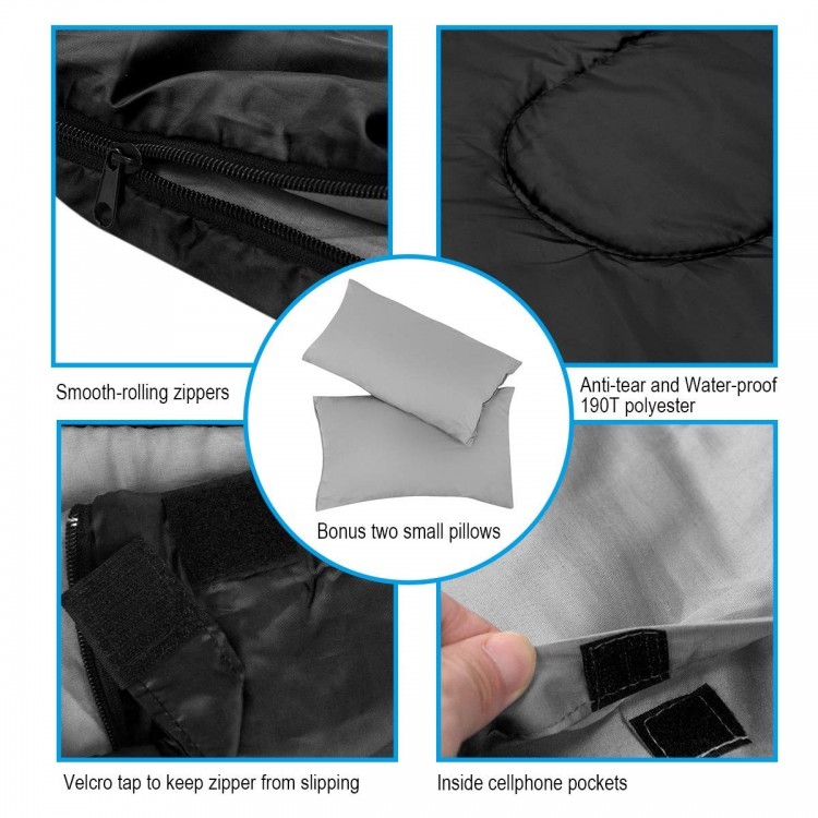 Close-up of the 2 Person Waterproof Sleeping Bag showcasing smooth zippers, anti-tear polyester, and two small pillows.