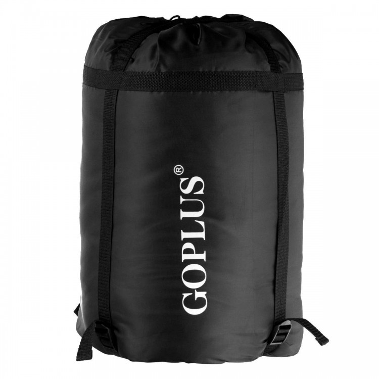Black 2-person waterproof sleeping bag with two pillows, designed for camping, featuring durable material and weather.