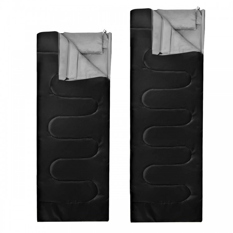 Double black waterproof sleeping bag with two pillows, designed for camping, featuring a soft interior and durable.