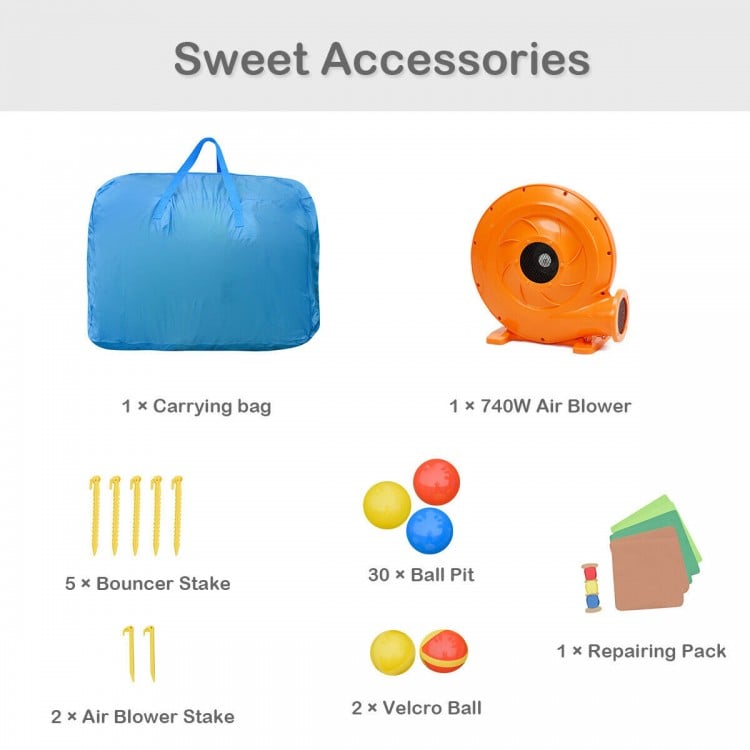 Carrying bag, 740W air blower, stakes, balls, and repair pack for Kids Inflatable Jungle Bounce House Castle.