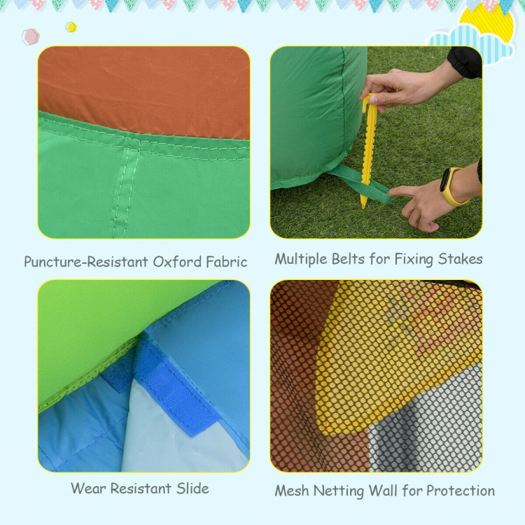 Close-up of the Kids Inflatable Jungle Bounce House showing puncture-resistant oxford fabric and safety netting for.