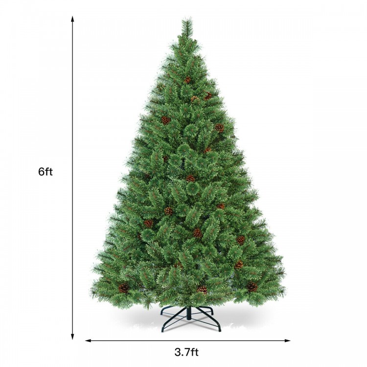 6 ft pre-lit PVC artificial Carolina pine tree with 260 warm LED lights and 49 pinecones, perfect for festive.