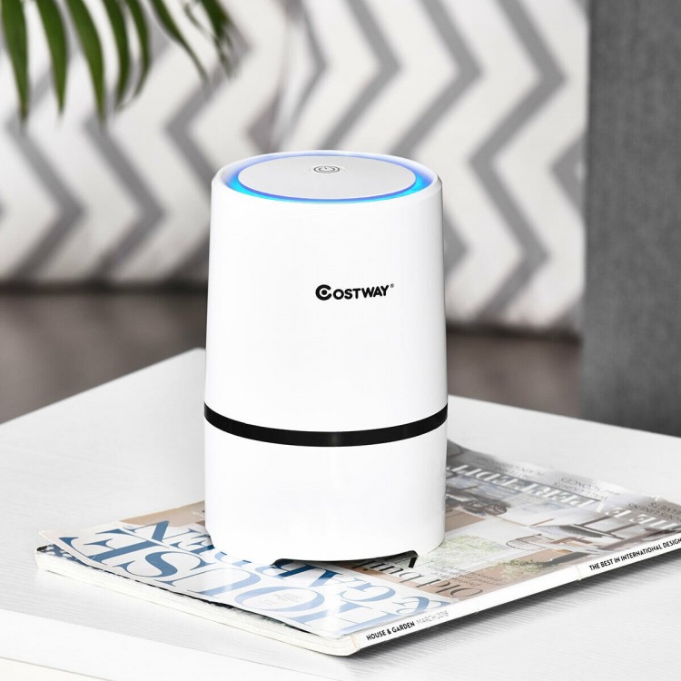 Mini Ionic 3-in-1 HEPA air purifier in white with night light function, ideal for quiet environments and efficient air.