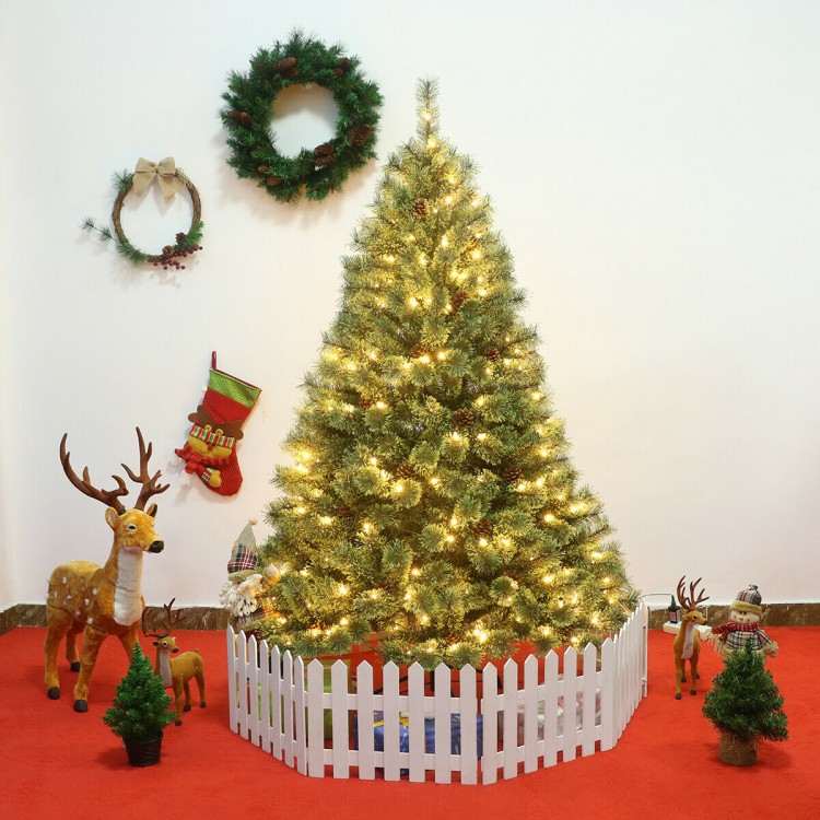 6 ft pre-lit PVC artificial Carolina pine tree with 260 warm LED lights and 49 pinecones, perfect for holiday decor.