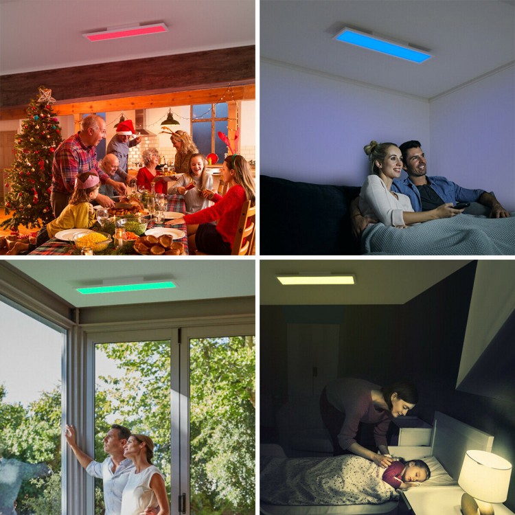 RGB LED ceiling light with remote control, featuring adjustable brightness and 4 light patterns for versatile home.