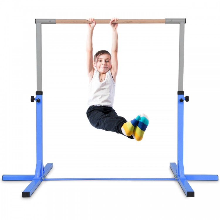 Child practicing on the adjustable blue gymnastics horizontal bar, height set between 36" and 59", perfect for skill.