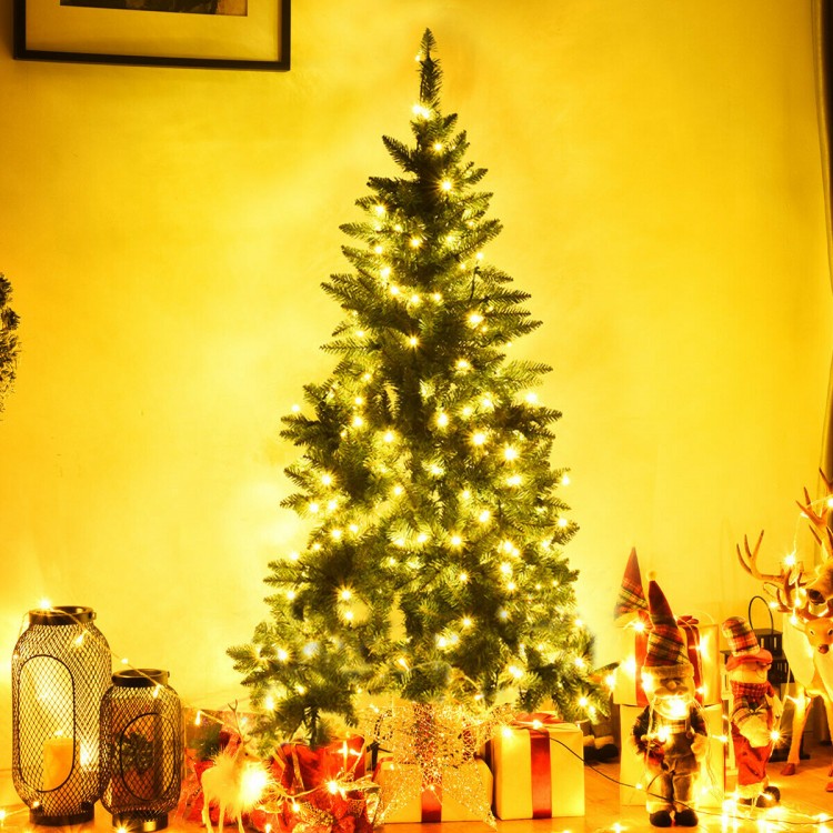 Pre-lit 5 ft artificial half Christmas tree with warm LED lights, perfect for festive home or office decoration.