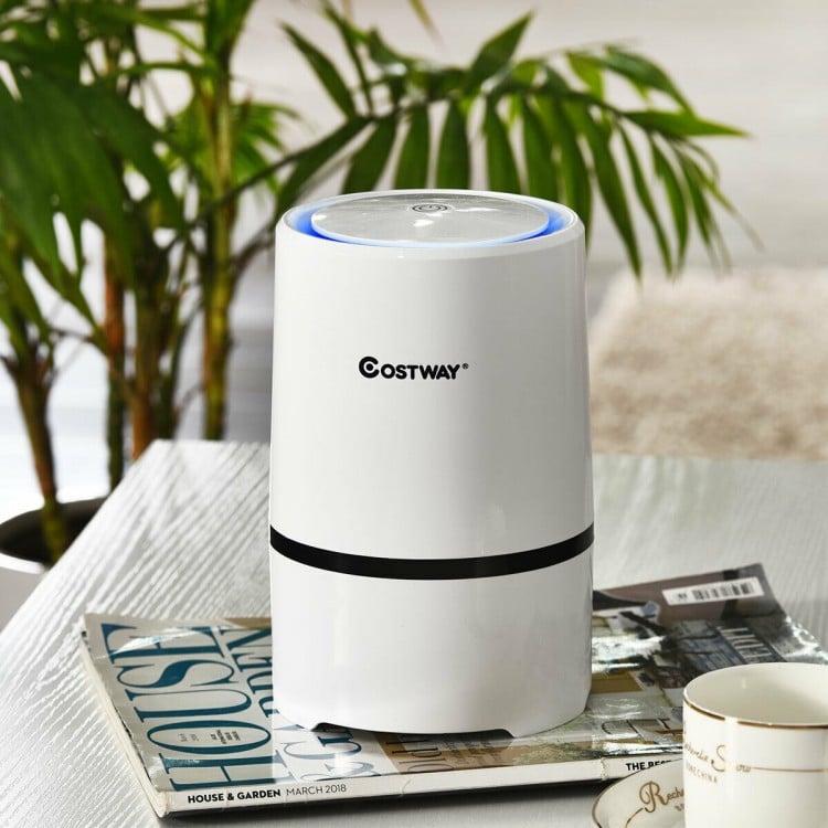 Mini Ionic 3-in-1 Composite HEPA Air Purifier in white with night light feature, ideal for quiet environments.