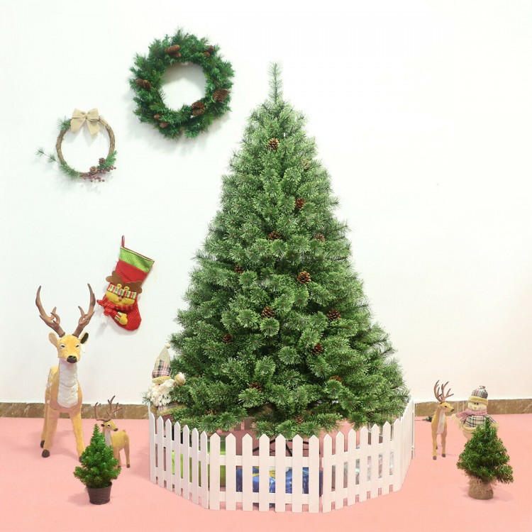 6-foot pre-lit PVC artificial Carolina pine tree with 260 warm LED lights and 49 pinecones, perfect for festive decor.