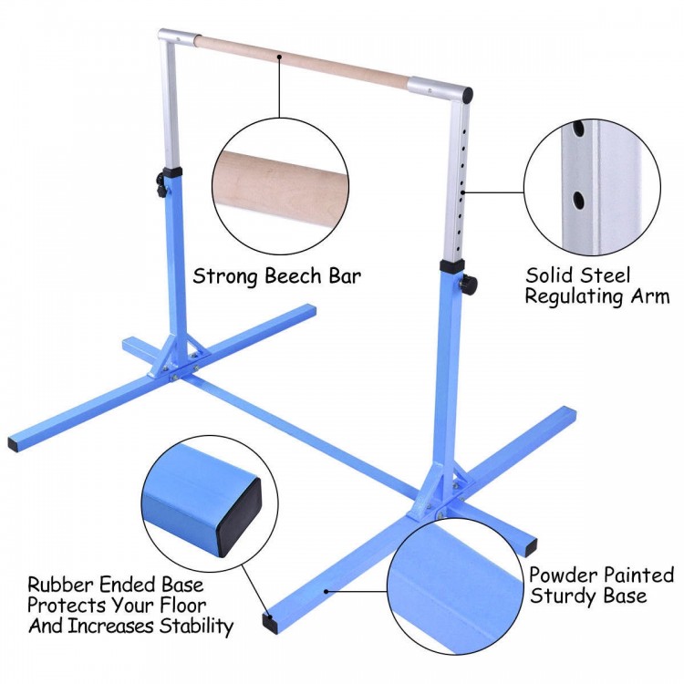 Adjustable blue gymnastics horizontal bar with a strong beech bar, stainless steel arm, and rubber-ended base for.