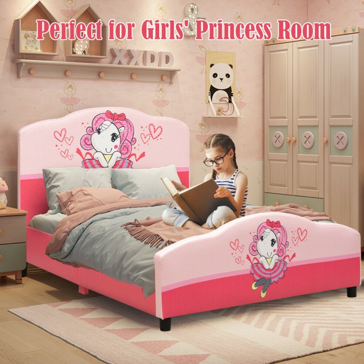 Upholstered toddler bed with cute girl patterns, robust PVC material, and adjustable height for a princess room.