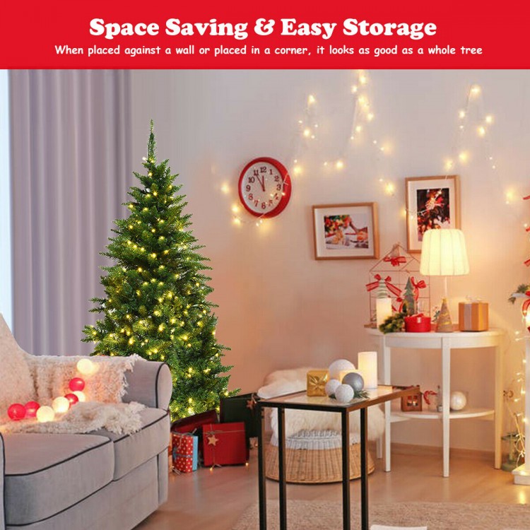 Pre-lit 5 ft artificial half Christmas tree with multi-color LED lights, perfect for space-saving holiday decor.