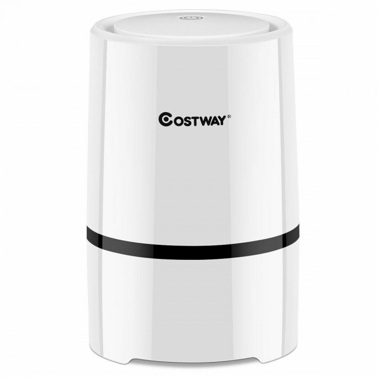 Mini Ionic 3-in-1 HEPA air purifier in white with night light and USB cable for efficient air filtration and quiet.