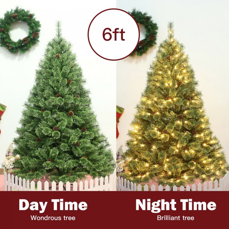 6ft pre-lit PVC artificial Carolina pine tree with 260 warm LED lights, showcasing day and night appearances for.