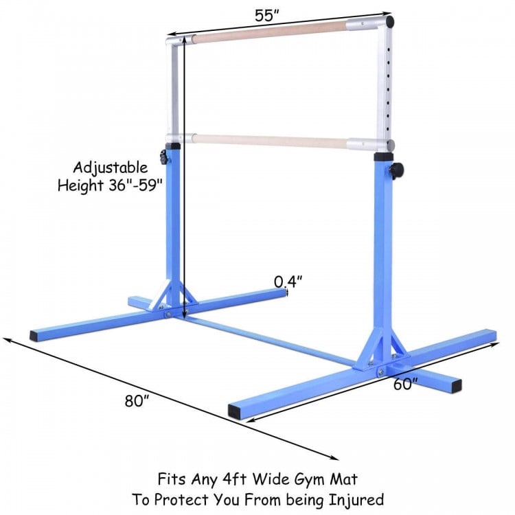 Adjustable blue gymnastics horizontal bar with height from 36" to 59", suitable for kids' training and home use.