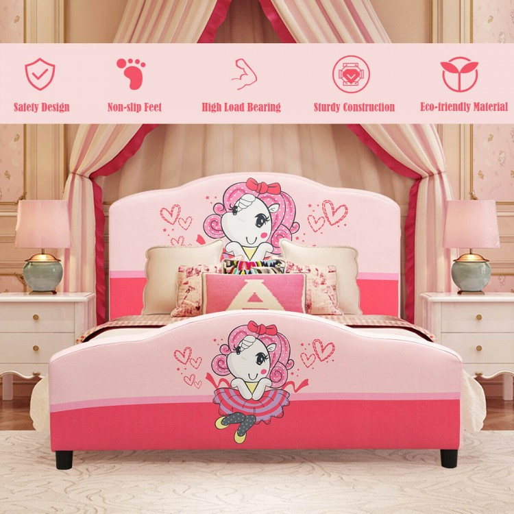 Upholstered toddler bed with cute girl pattern, made of eco-friendly PVC and MDF, ideal for kids' rooms.