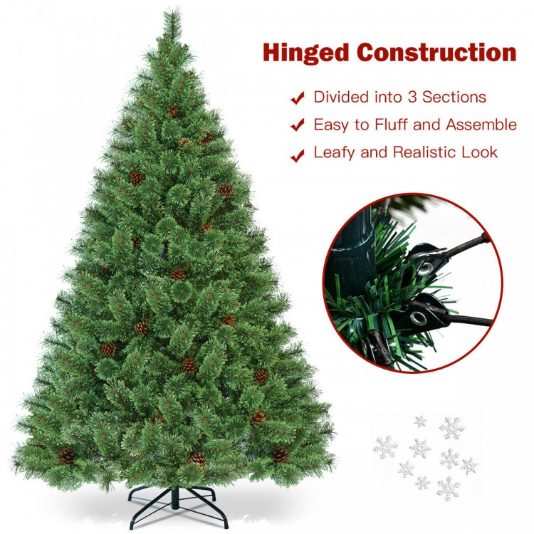 6-foot pre-lit artificial Carolina pine tree with 260 warm LED lights and 49 pinecones, featuring hinged construction.