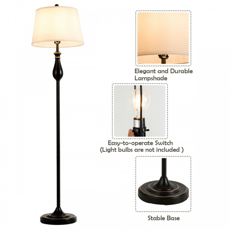 Black floor lamp with white fabric shade, nickel finish base, ideal for enhancing ambiance in modern or rustic settings.