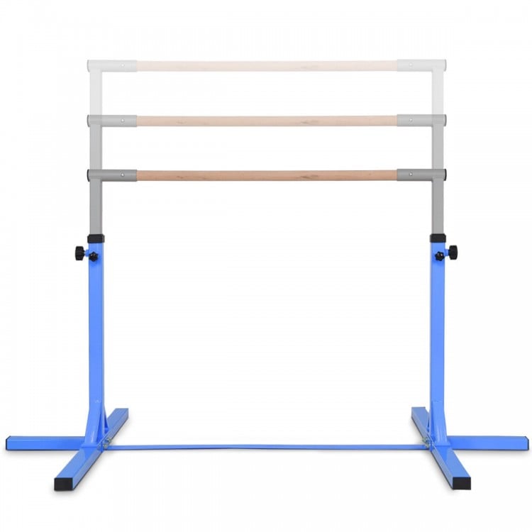 Adjustable blue gymnastics horizontal bar for kids, height 36"-59", sturdy steel construction, ideal for home training.