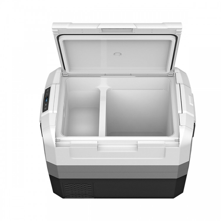 Top view of a 58 Quart Portable Electric Camping Car Cooler with dual-zone design and two-way door for easy access.