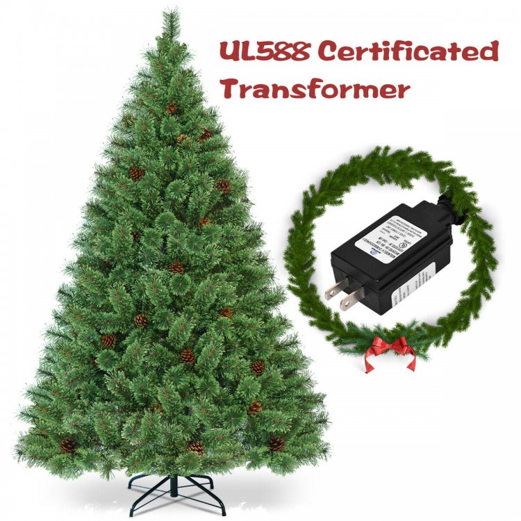 6-foot pre-lit Carolina pine tree with 260 warm LED lights and 49 pinecones, perfect for festive holiday decoration.