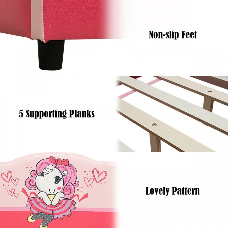 Upholstered toddler bed with cute girl pattern, non-slip feet, and 5 supporting planks for stability and safety.