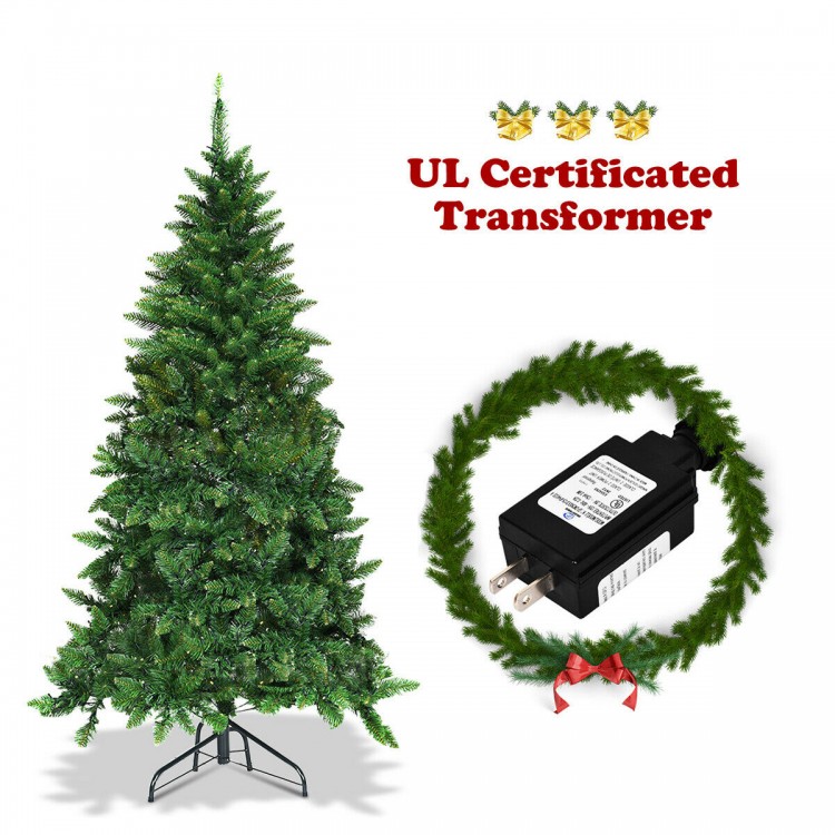 Pre-lit 5 ft artificial half Christmas tree with multi-color LED lights and sturdy metal base for festive decoration.
