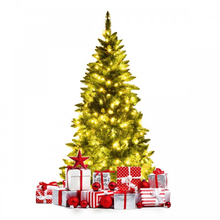 Pre-lit 5 ft artificial half Christmas tree with LED lights, surrounded by red and silver gift boxes for festive decor.