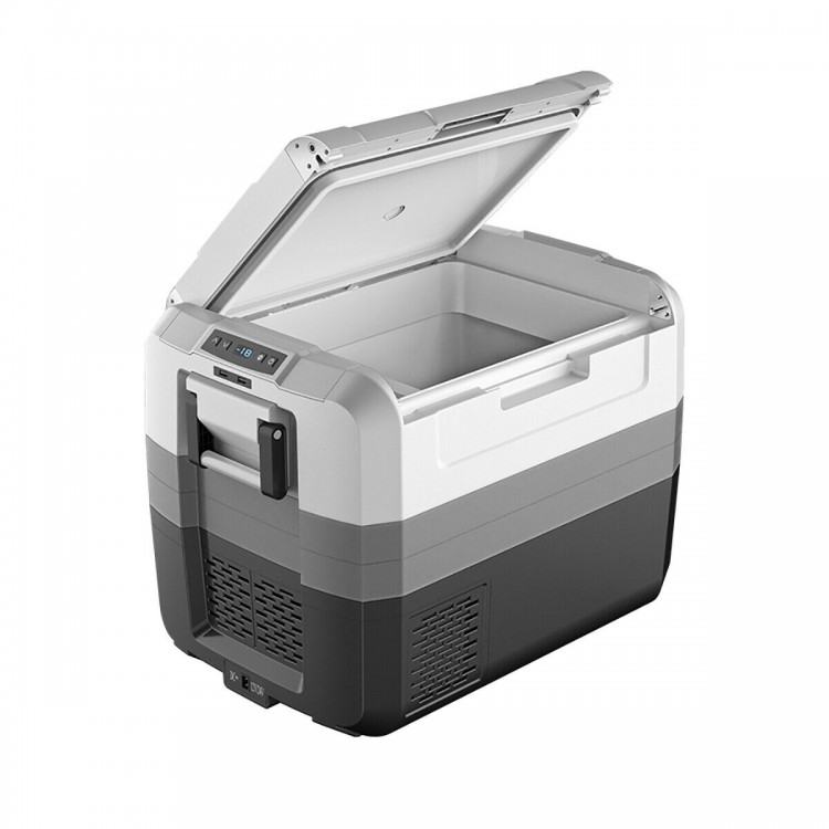 Portable 58 Quart electric camping cooler with dual-zone design, two-way door, and LED lights for convenient outdoor.