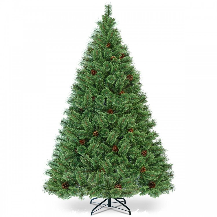 6 feet pre-lit artificial Carolina pine tree with 260 warm LED lights and 49 pinecones, perfect for festive decor.