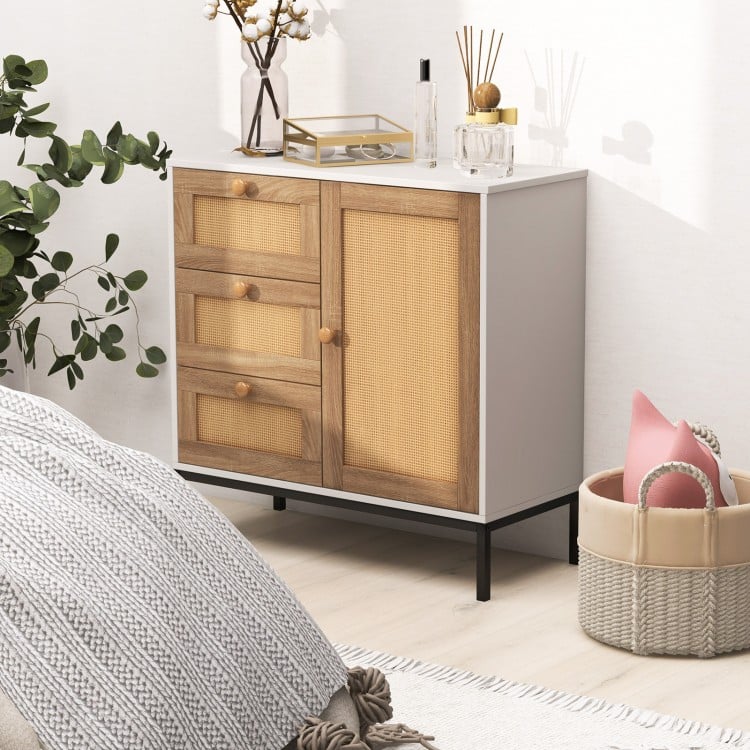 Rattan sideboard buffet cabinet in white with 1 door and 3 drawers, perfect for living room or bedroom storage.