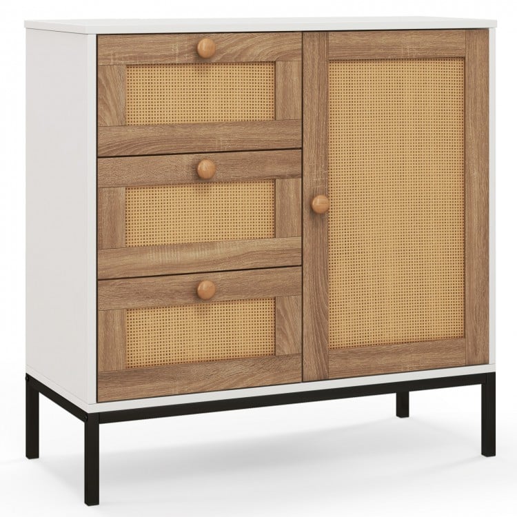 Rattan sideboard buffet cabinet in white with 1 door and 3 drawers, featuring metal legs for sturdy support.
