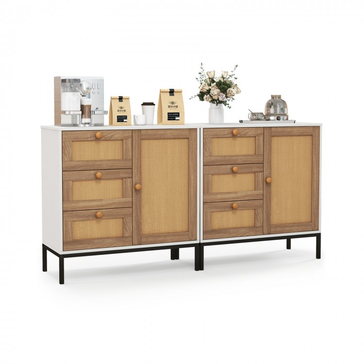 Rattan sideboard buffet cabinet in white with 1 door and 3 drawers, perfect for living room or dining room storage.