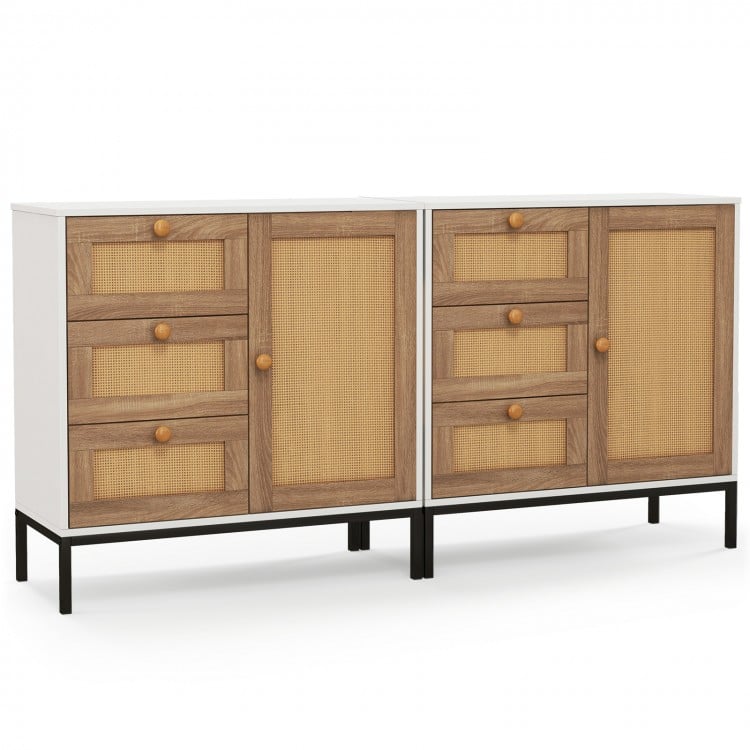 Rattan sideboard buffet cabinet in white with 1 door and 3 drawers, featuring metal legs for sturdy storage.