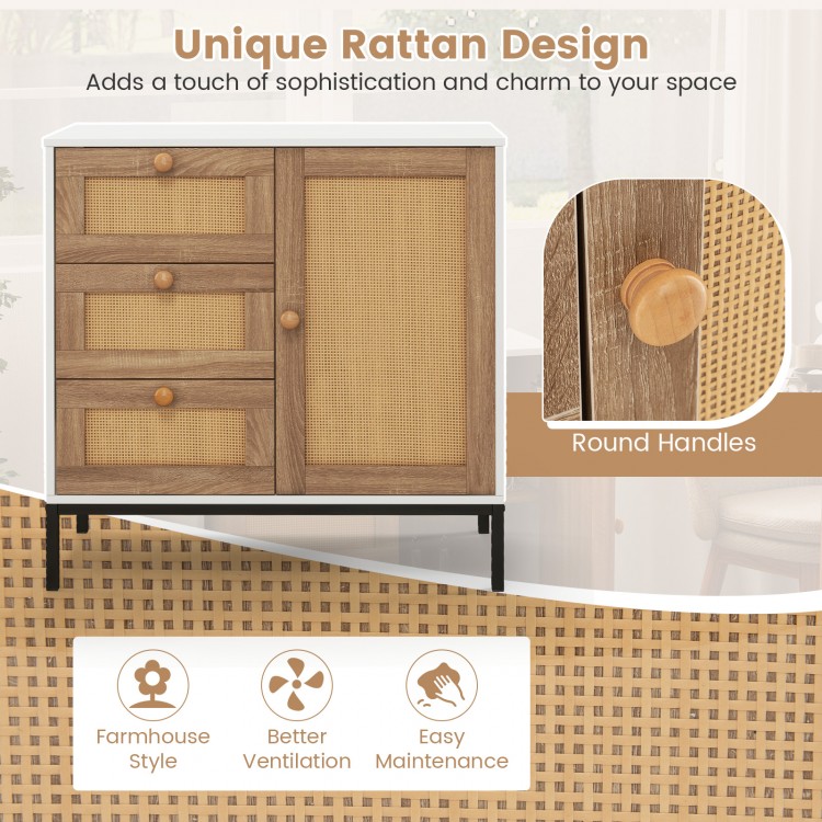 Rattan sideboard buffet cabinet with 1 door and 3 drawers, featuring a white finish and sturdy metal legs for versatile.