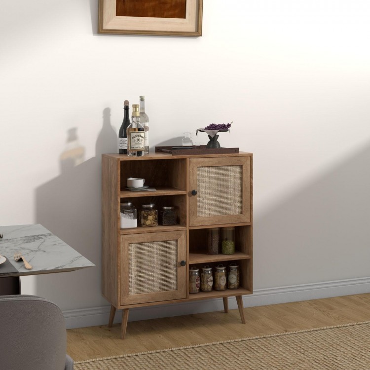 Rattan buffet cabinet with a natural wood finish, highlighting ventilated doors and raised design for stylish kitchen.