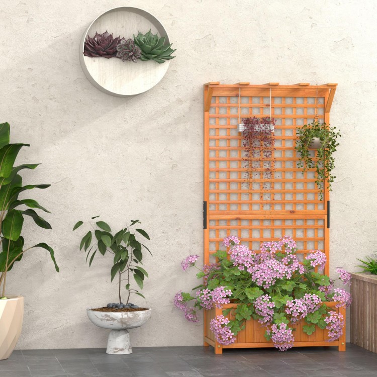 Natural fir wood raised garden bed with trellis, hanging roof, and vibrant flowers for outdoor plant display.