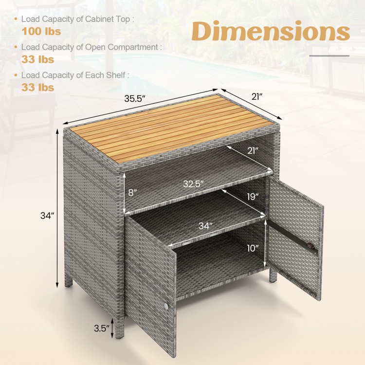 Rattan storage cabinet with acacia wood countertop, featuring dimensions and load capacities for outdoor patio use.